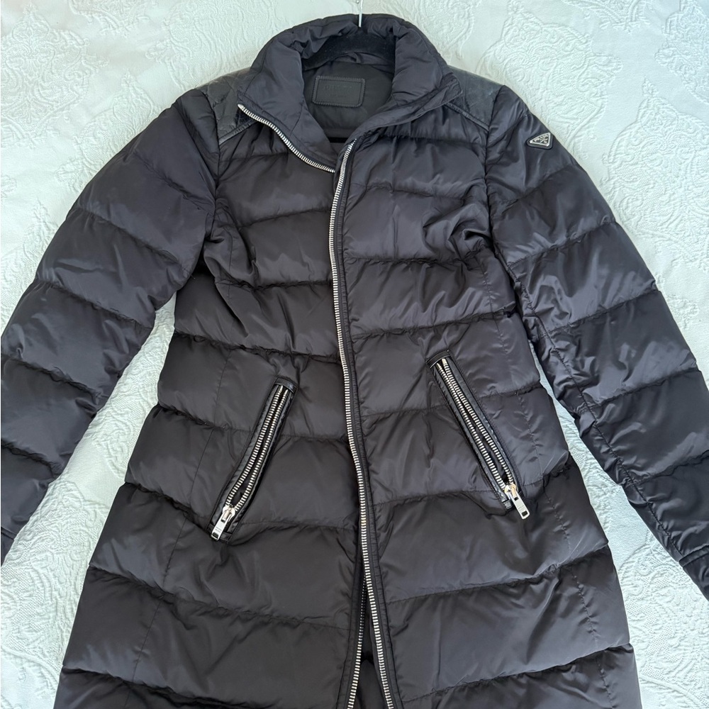 Prada Black Long Puffer Coat with Asymmetrical Zipper and High Collar